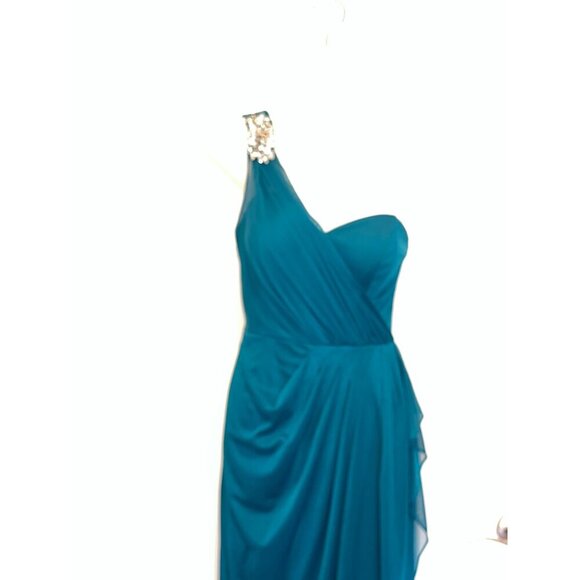 Xscape Teal One-Shoulder Ruched Embellished Long Gown Size 4 Womens - Picture 2 of 14